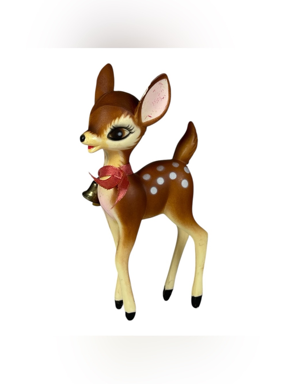 Vintage 6" Christmas Hard Plastic Bambi Reindeer Deer Figurine Bell Hong Kong